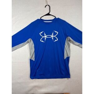 Under Armour Mens HeatGear Fishing Shirt Blue Long Sleeve Fish Hook Logo Medium